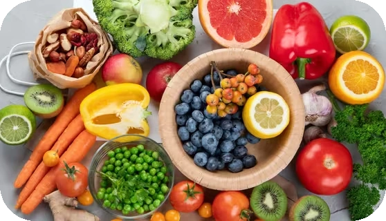 Vitamin C is a powerful antioxidant that supports immune health, collagen production, wound healing, and iron absorption. Citrus fruits, strawberries, kiwi, bell peppers,
