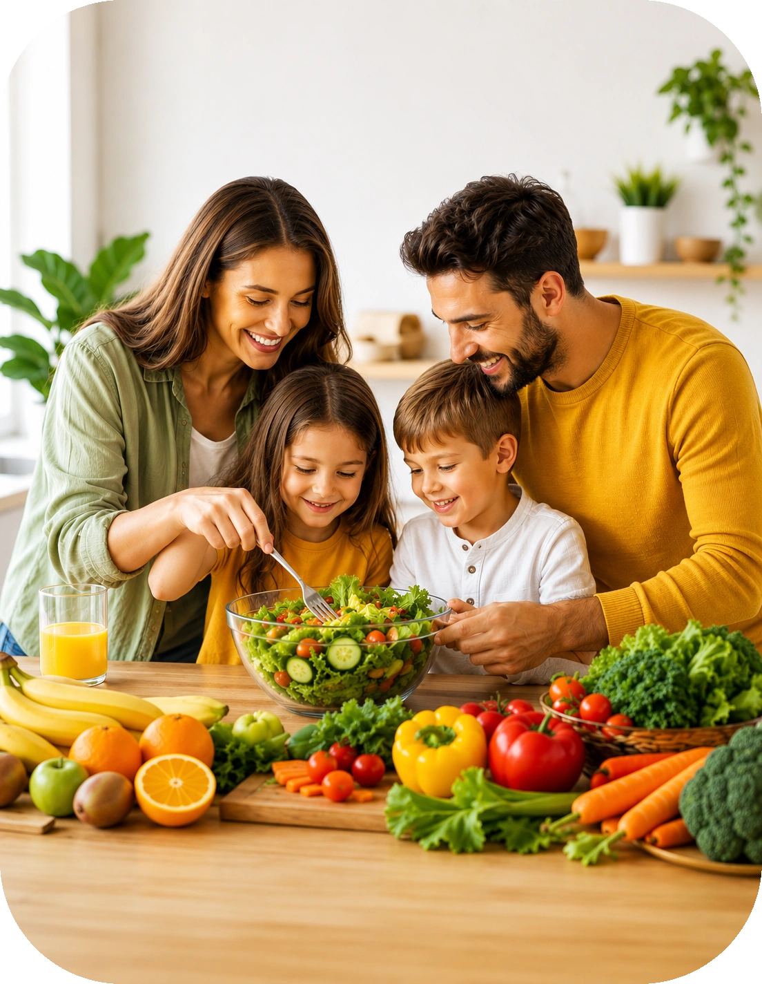 Smiling parents and their two young children gathering around a glass bowl of fresh green salad surrounded by fruits and vegetables.