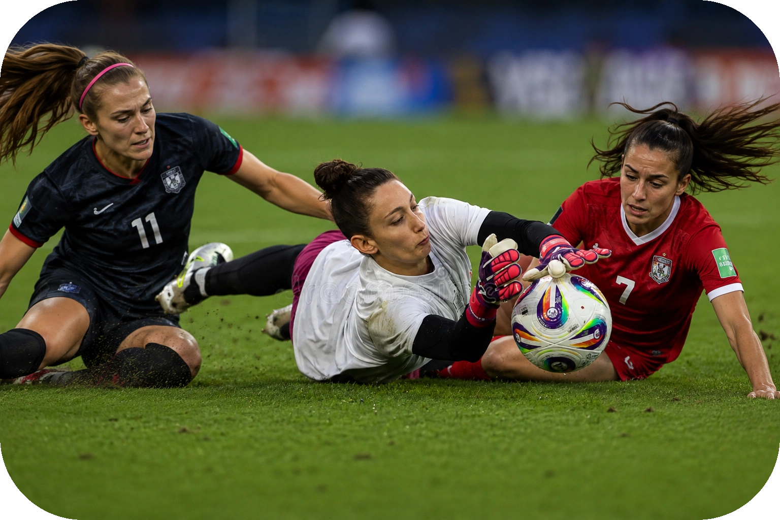 Female goalkeeper diving on the pitch to save the ball near competing players during an intense soccer match.