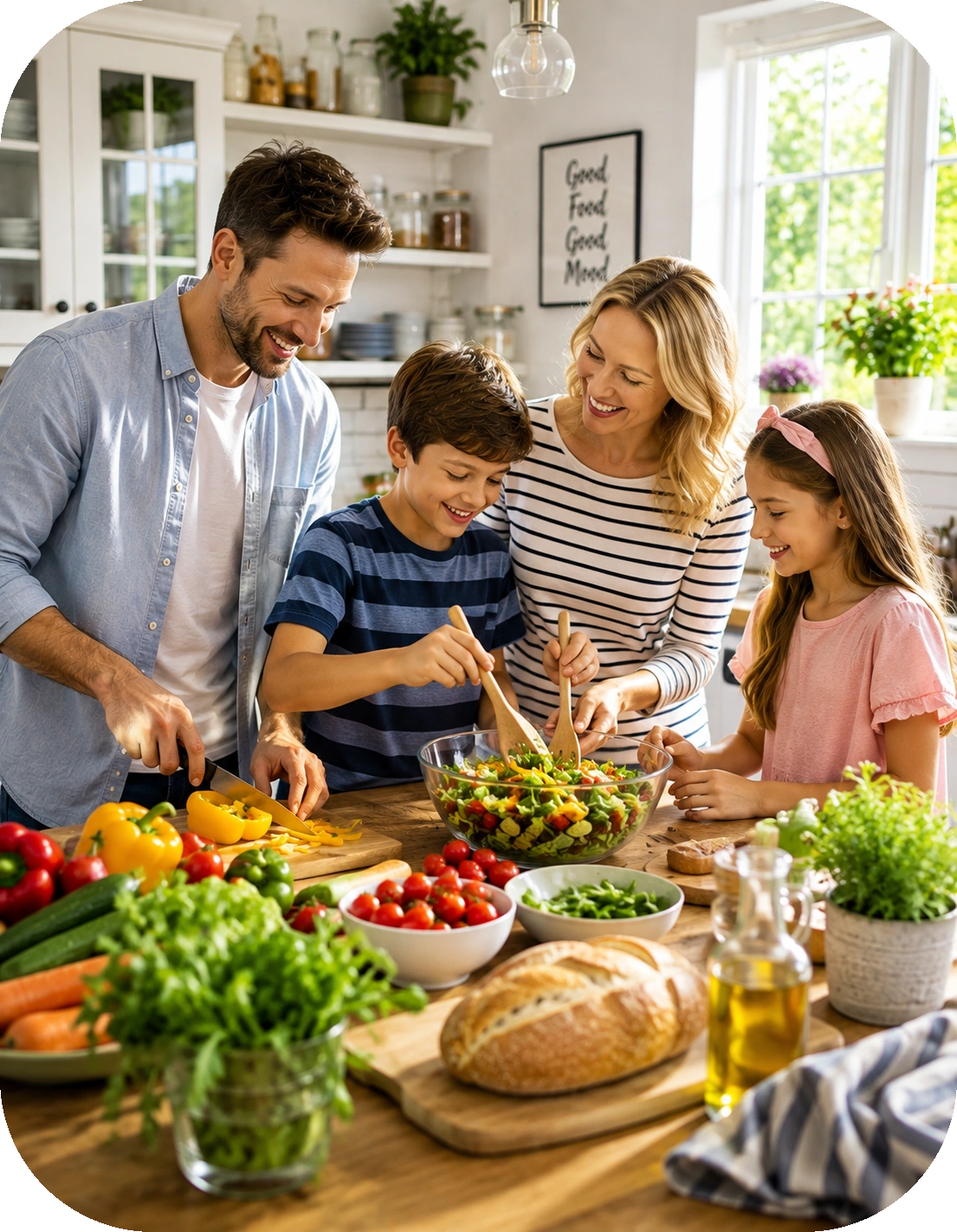 Father, mother, daughter, and son leaning over a counter filled with fresh fruits and vegetables in a sunlit kitchen.